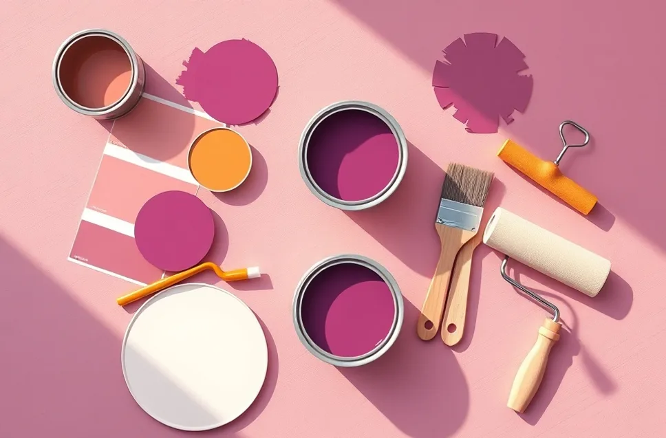 Pots de peinture, nuancier, brosses et rouleaux disposés à plat
