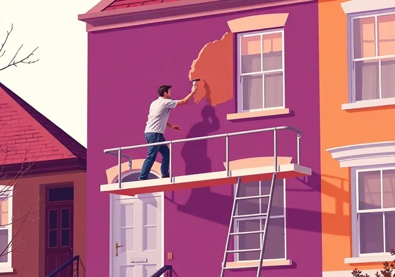 Peintre sur échafaudage traitant la façade d'une maison