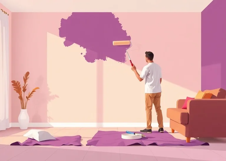 Peintre appliquant la peinture au rouleau sur un mur de salon
